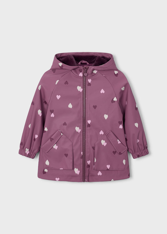 Mayoral girls hooded raincoat in Mauve with white heart print, zip front, and soft lining.