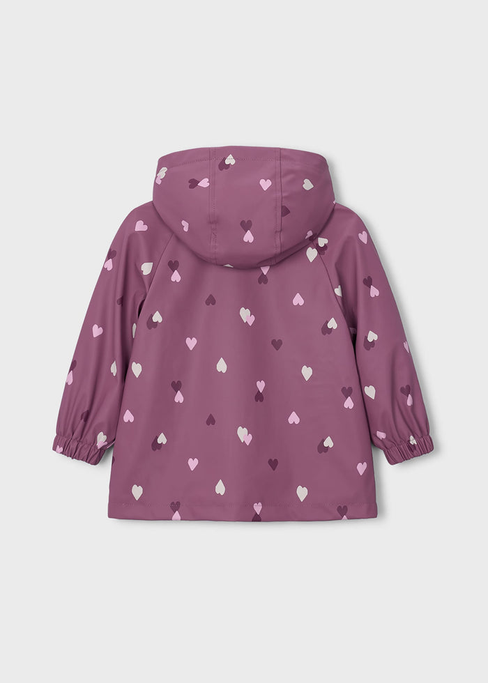 Back view of Mayoral girls Mauve heart print hooded raincoat for wet-weather layering.