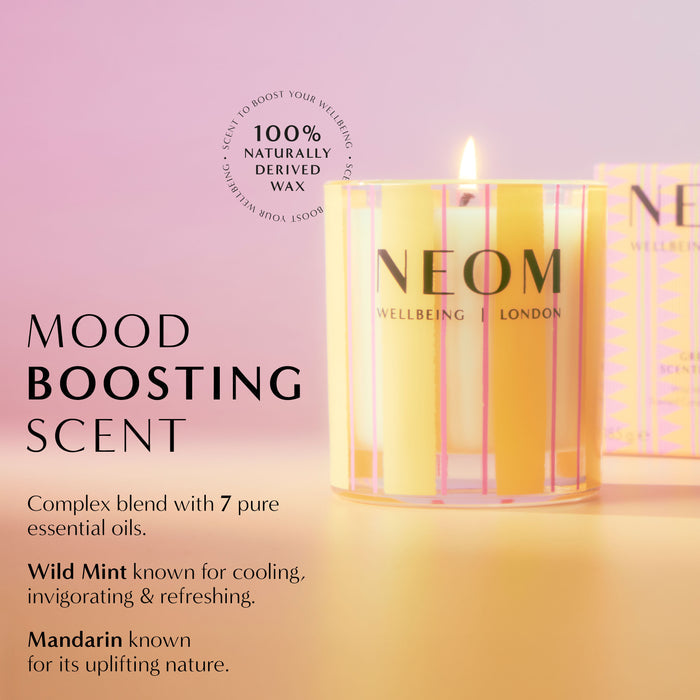 "MOOD BOOSTING CANDLE. Complex blend of 7 pure essential oils. Wild mint known for cooling invigorating & refreshing. Mandarin known for its uplifting nature"