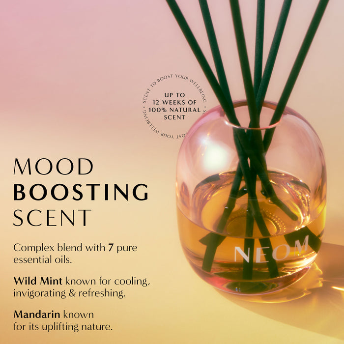 "MOOD BOOSTING REED DIFFUSER. Complex blend of 7 pure essential oils. Wild mint known for cooling invigorating & refreshing. Mandarin known for its uplifting nature"