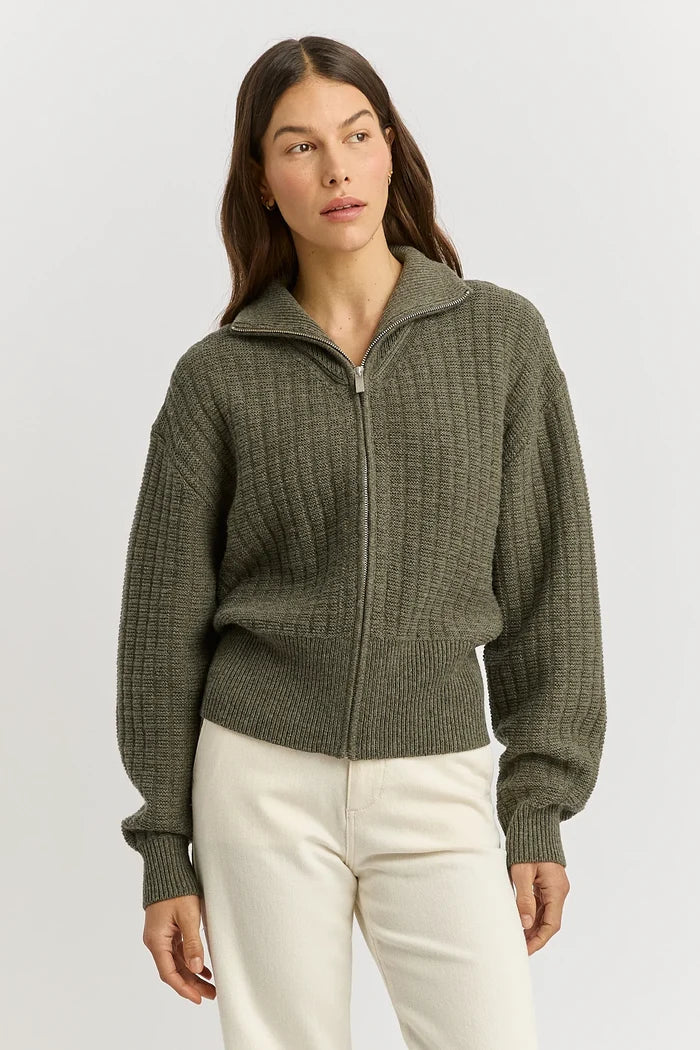 GRID KNIT ZIP THROUGH CARDIGAN in Kale by Toorallie