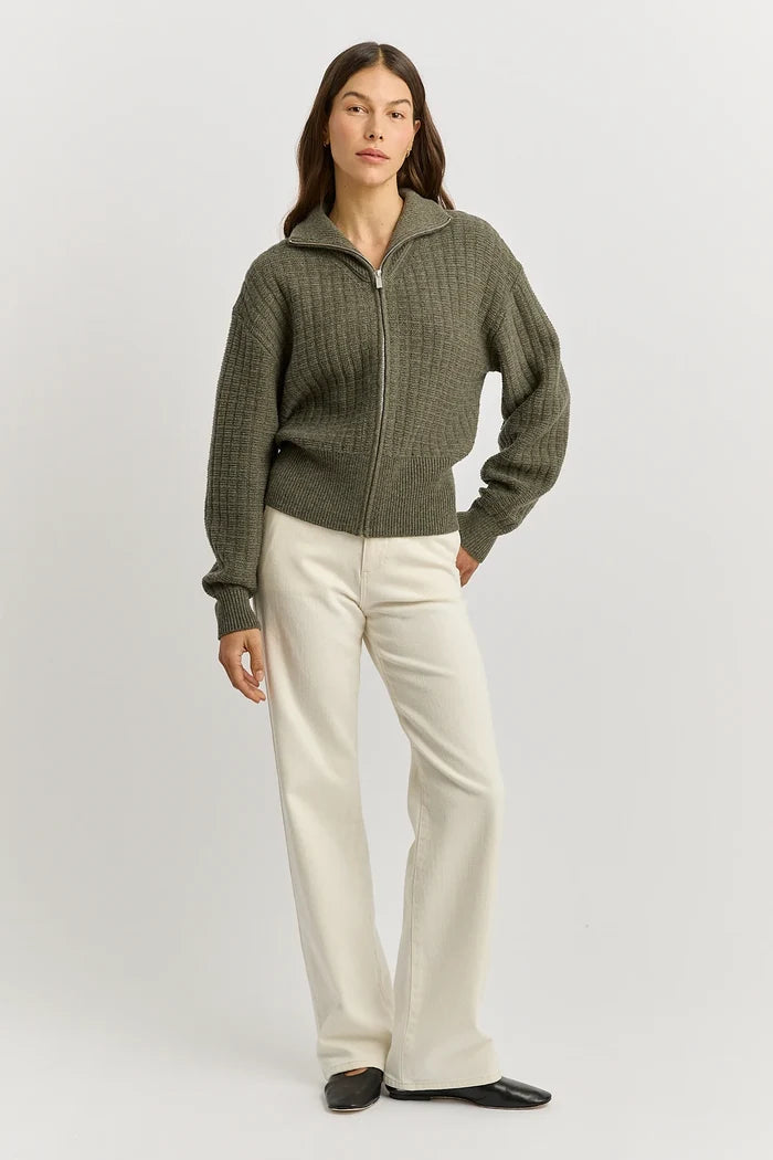 GRID KNIT ZIP THROUGH CARDIGAN in Kale by Toorallie