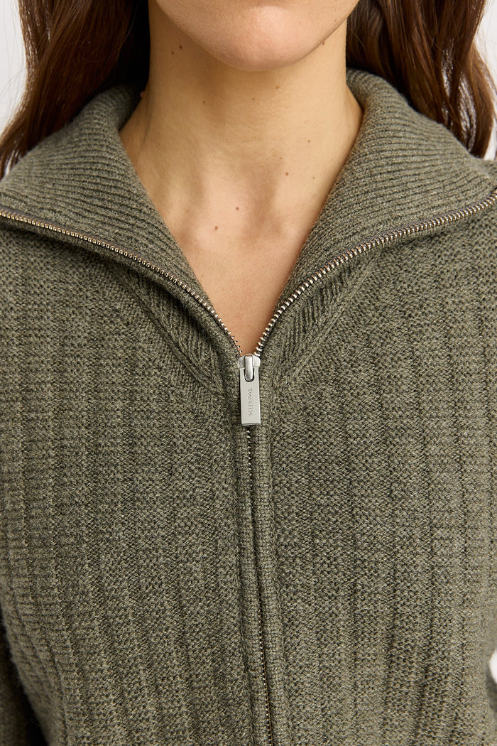 GRID KNIT ZIP THROUGH CARDIGAN in Kale by Toorallie