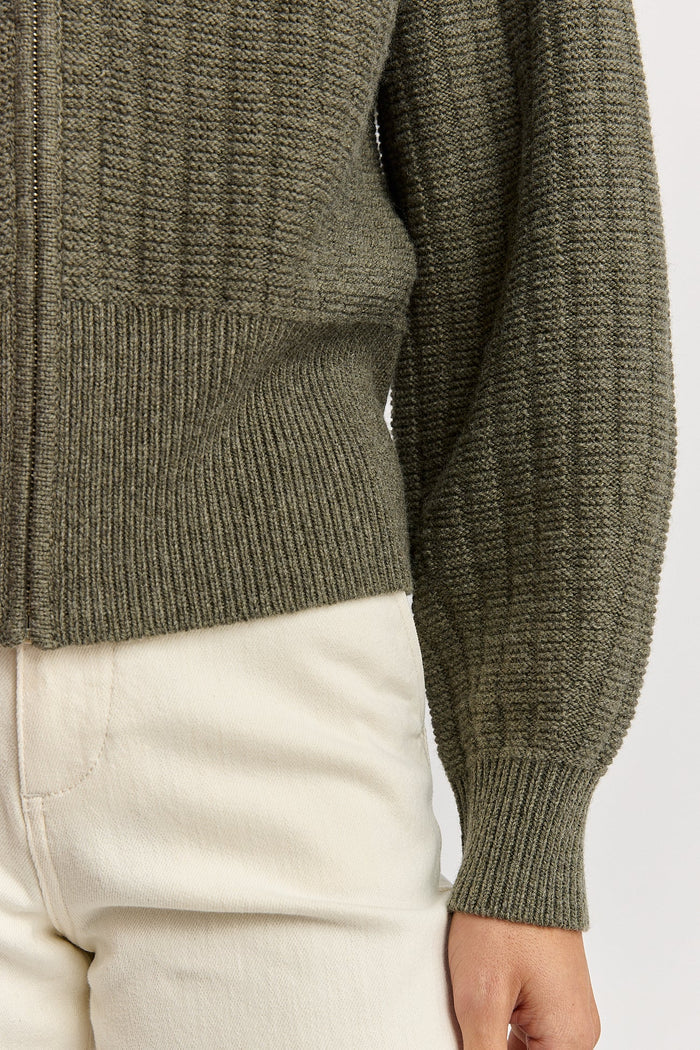 GRID KNIT ZIP THROUGH CARDIGAN in Kale by Toorallie