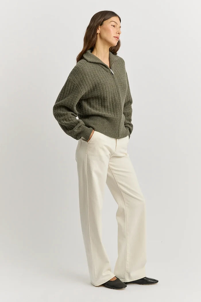 GRID KNIT ZIP THROUGH CARDIGAN in Kale by Toorallie