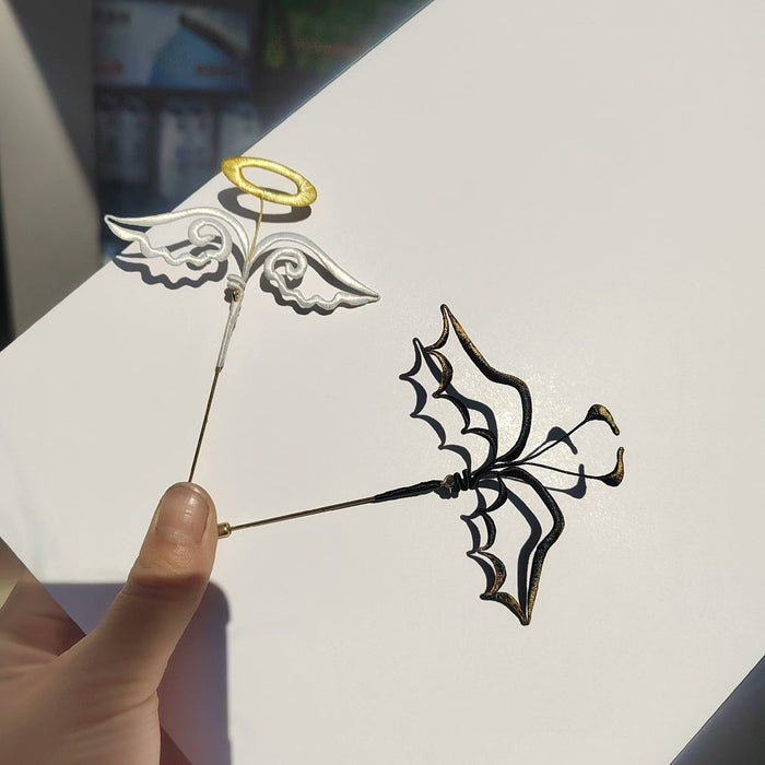 Handmade Chanhua Thread-Wrapped Angel and Demon Brooch - Mythical Wing Jewelry