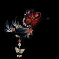 Handcrafted Chanhua hair clip featuring a deep red and black thread-wrapped flower with green leaves and buds.