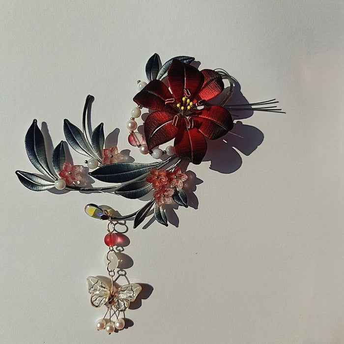 Handmade Thread-Wrapped Crimson & Black Floral Hair Clip - Artisanal Chanhua Hair Accessory