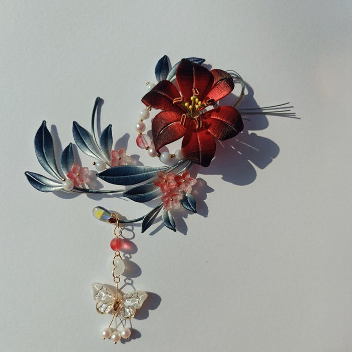 Handmade Thread-Wrapped Crimson & Black Floral Hair Clip - Artisanal Chanhua Hair Accessory