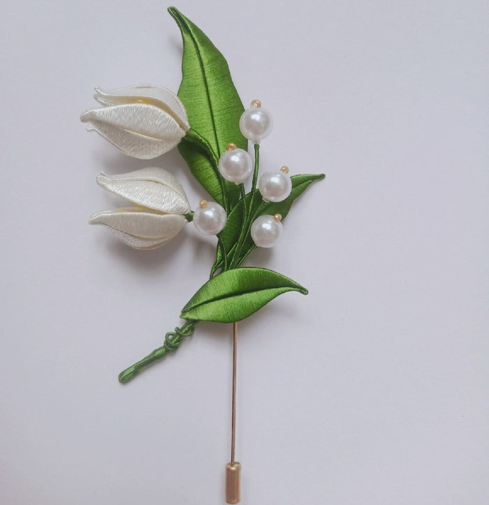 Handmade Thread-Wrapped Lily of the Valley Brooch - Artisanal Chanhua Floral Pin