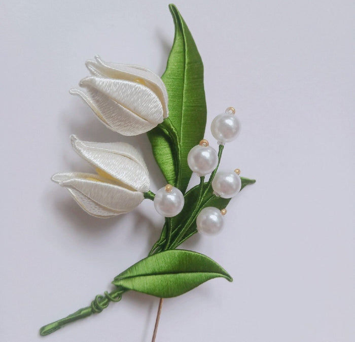 Handmade Thread-Wrapped Lily of the Valley Brooch - Artisanal Chanhua Floral Pin