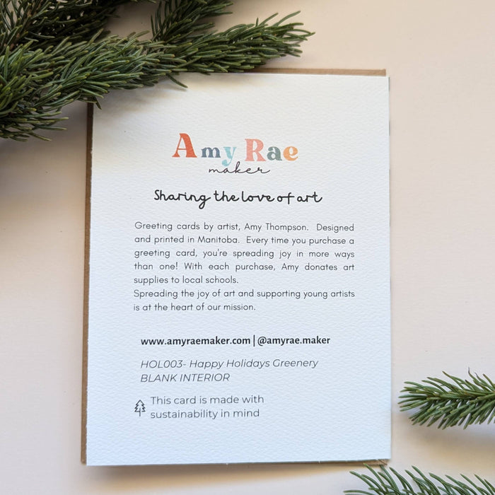 Greeting card with 'Amy Rae maker' branding and text on a light background with greenery.