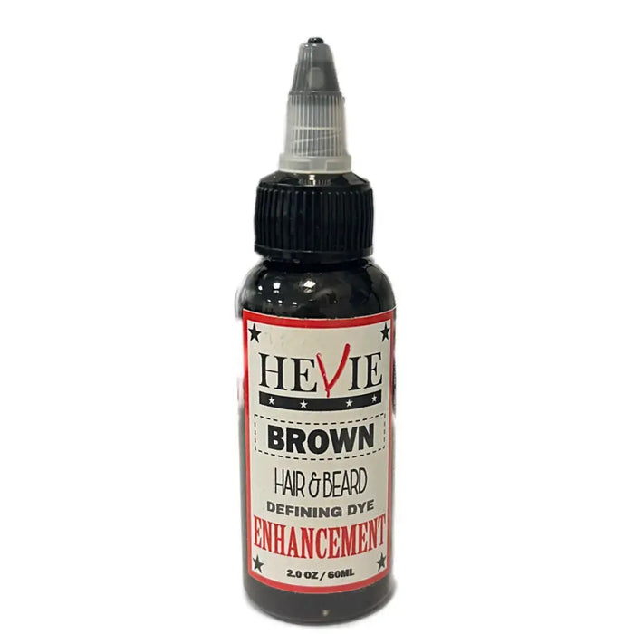 Bottle of Hevie Brown hair and beard defining dye on a white background
