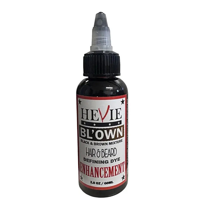 Bottle of Hevie Bl'own hair and beard dye on a white background