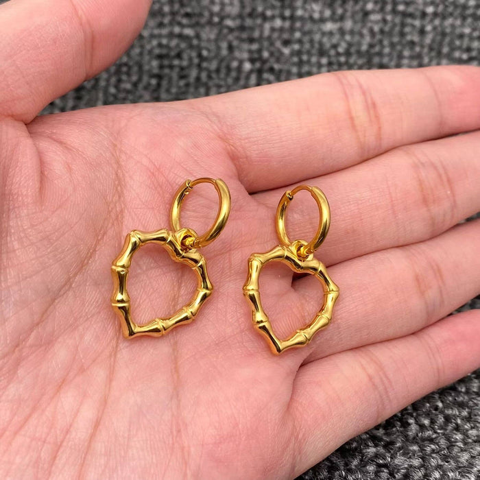 Hollow Bamboo Heart 18K Golden SS Huggie Earrings - FGS