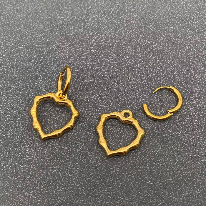 Hollow Bamboo Heart 18K Golden SS Huggie Earrings - FGS