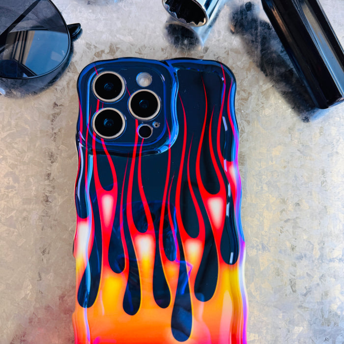 Hot Rod Flame MagSafe iPhone case with colorful fire flames on black background by Fancy Bands