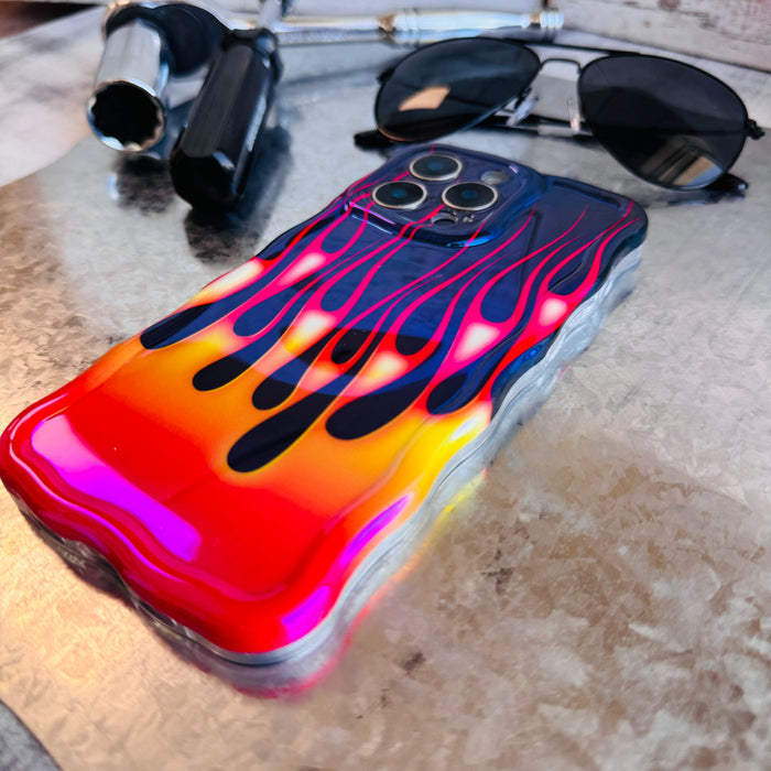 Hot Rod Flame MagSafe iPhone case with colorful fire flames on black background by Fancy Bands