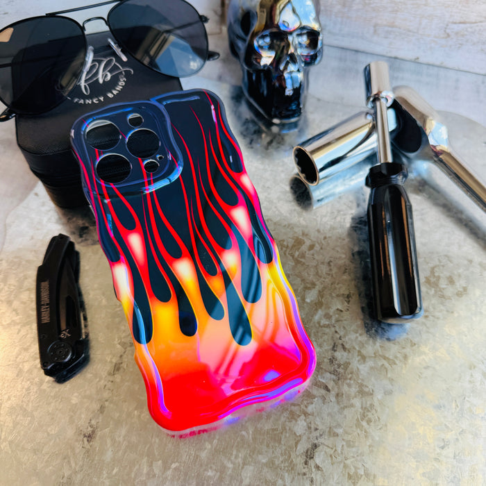 Hot Rod Flame MagSafe iPhone case with colorful fire flames on black background by Fancy Bands