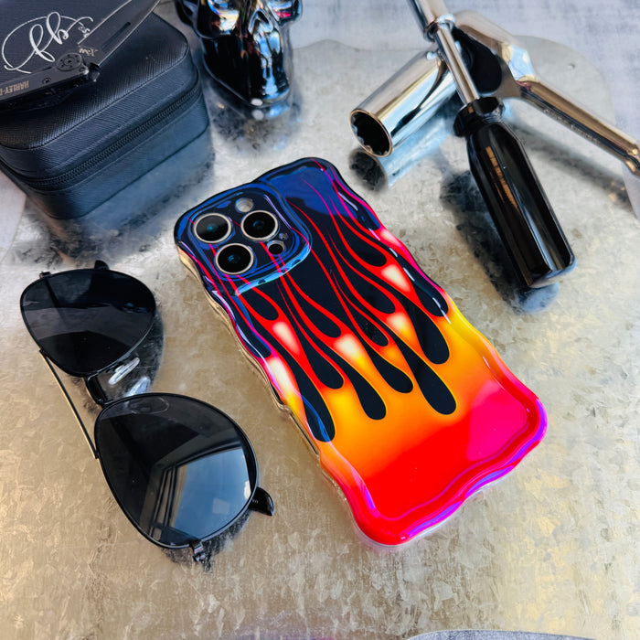 Hot Rod Flame MagSafe iPhone case with colorful fire flames on black background by Fancy Bands