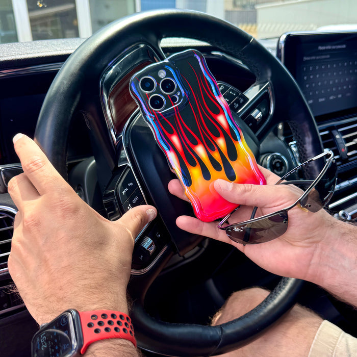 Hot Rod Flame MagSafe iPhone case with colorful fire flames on black background by Fancy Bands