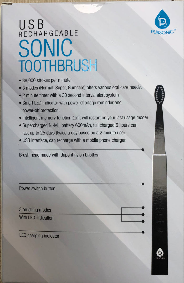 Pursonic Rechargeable Tooth Brush  # TBUSB200 - 12BK - Palms Fashion Inc.