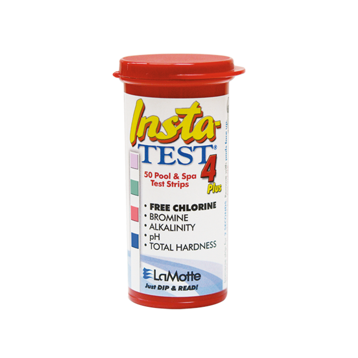 Insta Test 4 Plus pool and spa test strips container on a white background