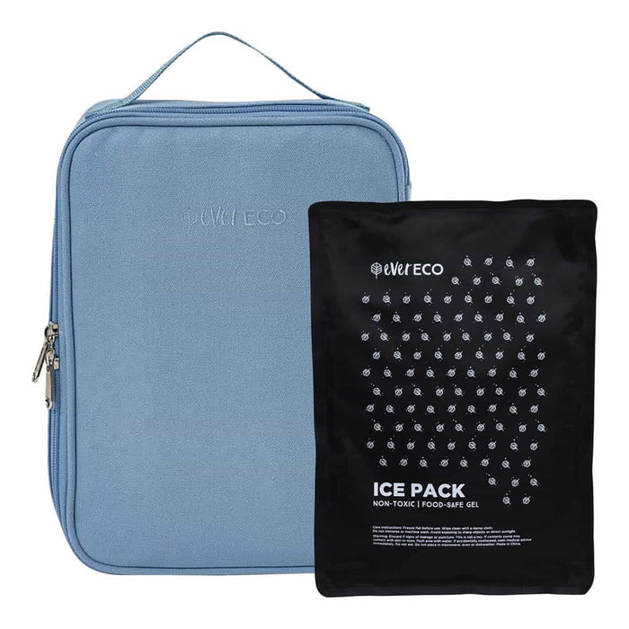 Ever Eco blue insulated lunch bag with black ice pack (non-toxic, food safe gel).