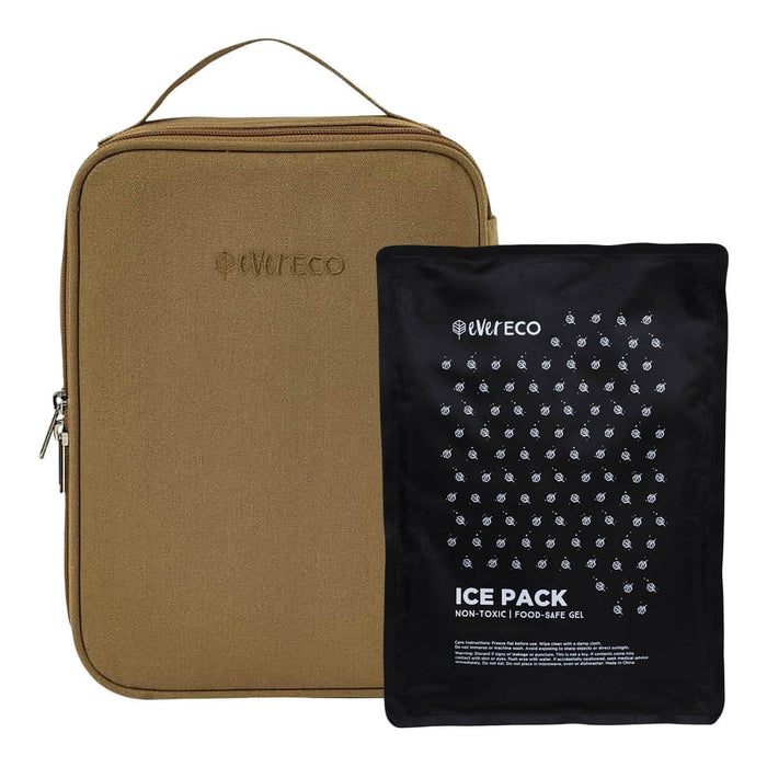 Ever Eco Insulated Lunch Bag with Ice Pack. Light beige coloured bag and black ice pack.