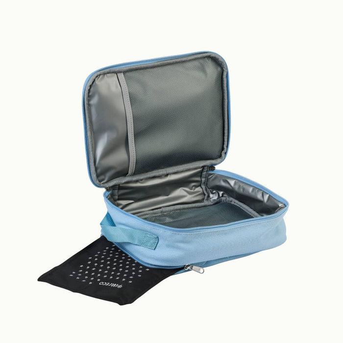 Blue insulated lunch bag - opened and showing inner sleeve pocket and outer zip pocket for the ice pack.