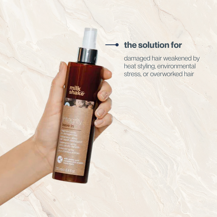 Hand holding a bottle of milk_shake hair product with text on a beige background