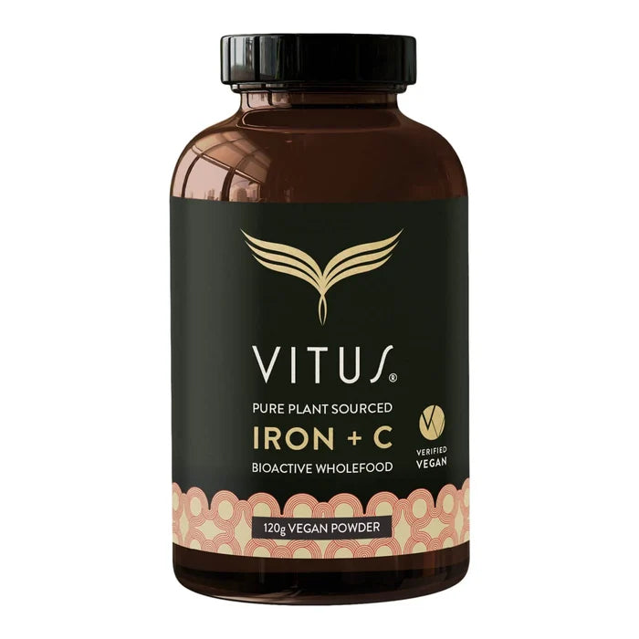 VITUS Iron + C powder 120g in a brown glass supplement bottle on a white background.
