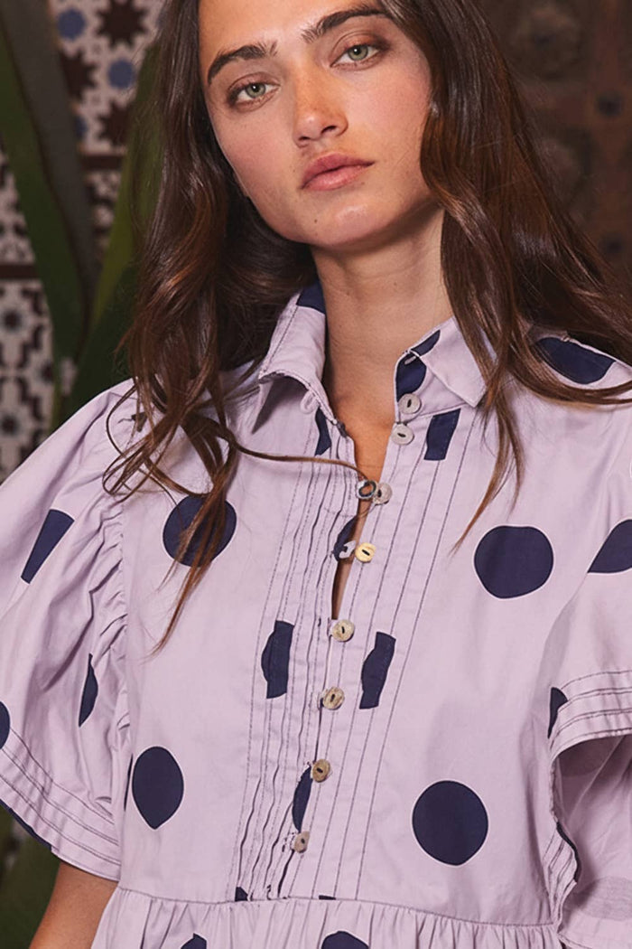 IT2337 Ruffle Sleeves Pintuck Detail Polka Dot Print top