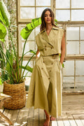 IT2916-SET Double-Breasted Trench Vest & Midi Skirt Set