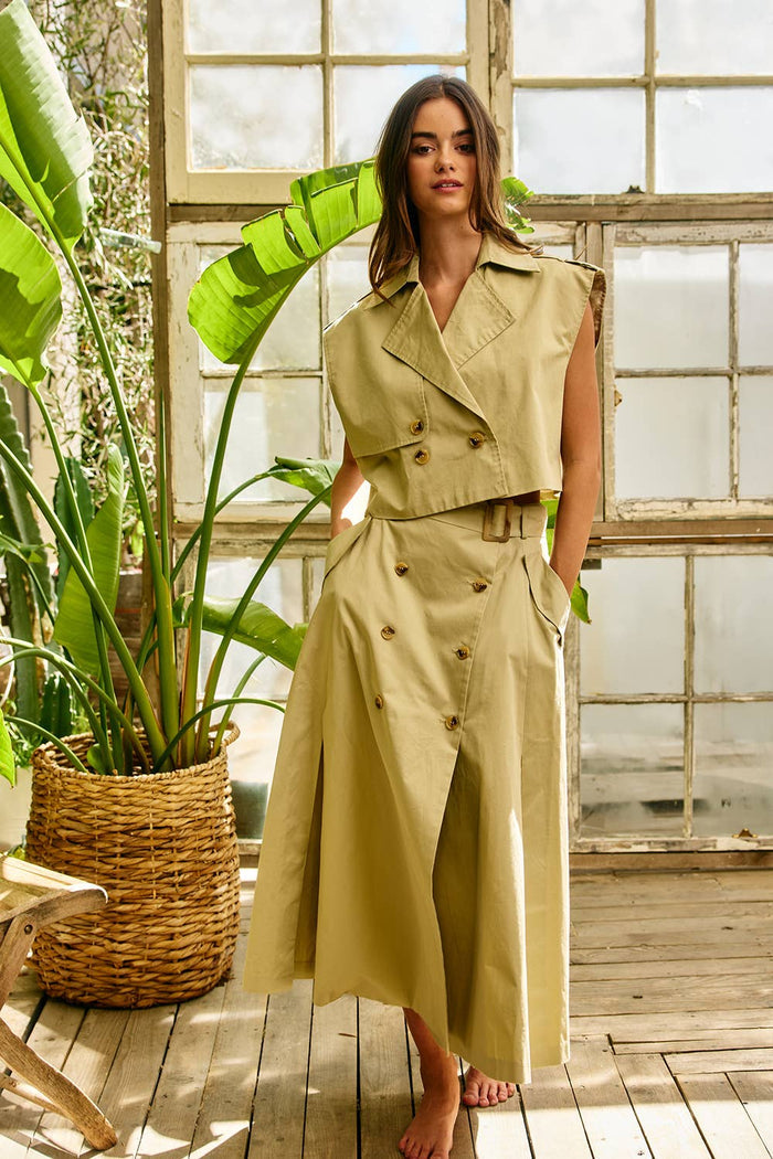 IT2916-SET Double-Breasted Trench Vest & Midi Skirt Set