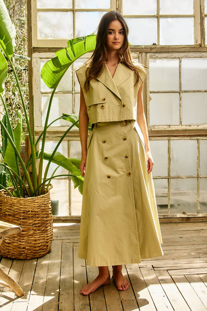 IT2916-SET Double-Breasted Trench Vest & Midi Skirt Set