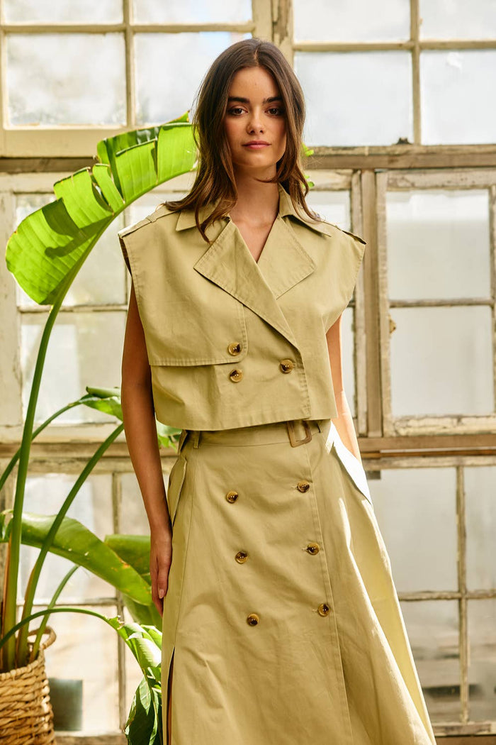 IT2916-SET Double-Breasted Trench Vest & Midi Skirt Set