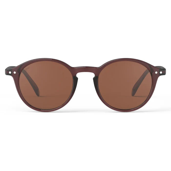 Round sunglasses with brown lenses and dark brown frame on a white background