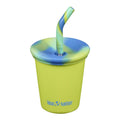 Front of Klean Kanteen Kids Cup with Straw Lid 295ml - Juicy Pear. Tie-dye green blue silicone lid & straw tip. Bright green yellow tumbler.