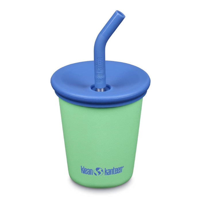 Front of Klean Kanteen Kids Cup with Straw Lid 295ml - Spring Bud. mint green steel cup, blue silicone lid & straw tip.