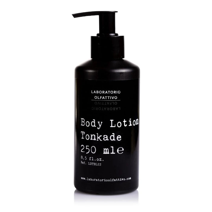 Black body lotion bottle with white text on a white background