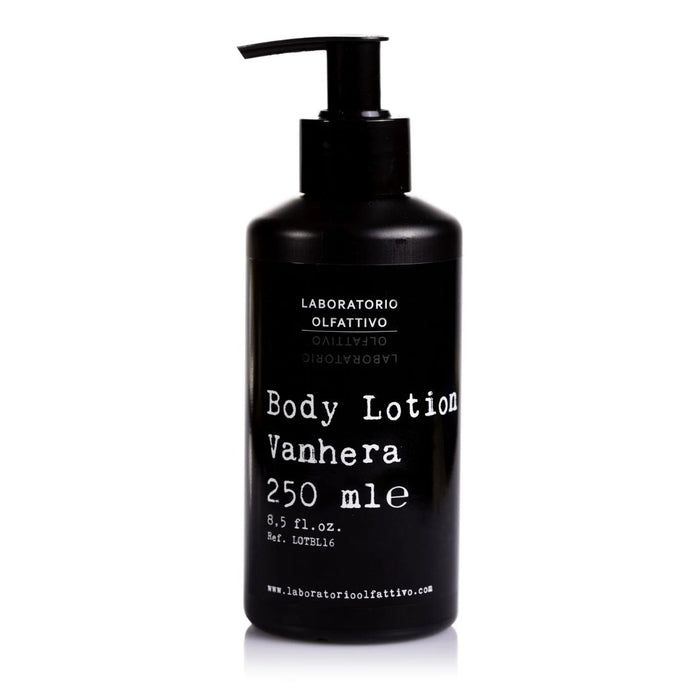 Black body lotion bottle with pump labeled 'Vanhera' on a white background