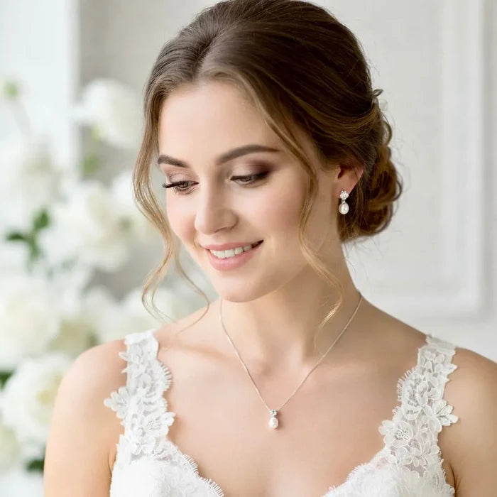 Pearl Wedding Jewelry Sets - Freshwater Pearl and Sterling Silver Bridal Necklace and Earrings Set