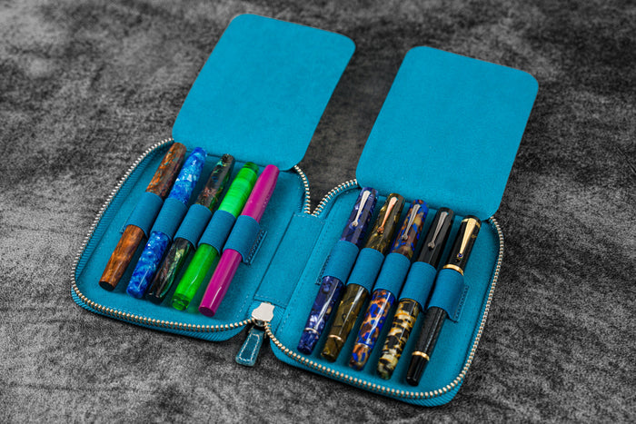 Leather Zippered 10 Slots Pen Case - C.H. Ocean Blue