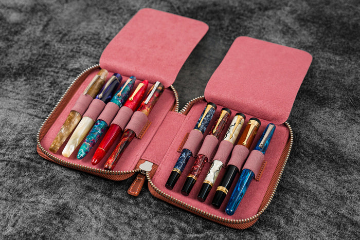 Leather Zippered 10 Slots Pen Case - C.H. Orange