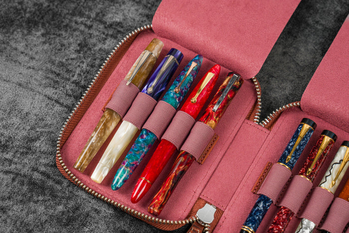 Leather Zippered 10 Slots Pen Case - C.H. Orange
