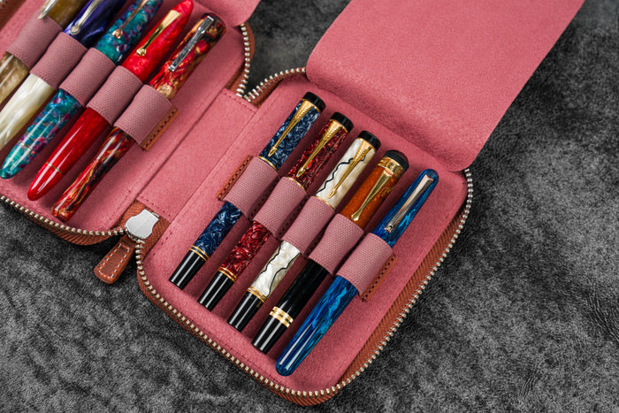 Leather Zippered 10 Slots Pen Case - C.H. Orange