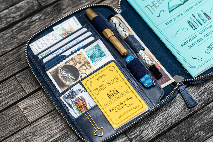 Leather Zippered B6 / B6 Slim Planner Folio - Crazy Horse Navy Blue
