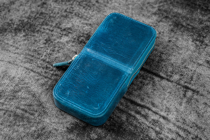 Leather Zippered Magnum Opus 3 Slots Hard Pen Case with Removable Pen Tray - C. H. Ocean Blue