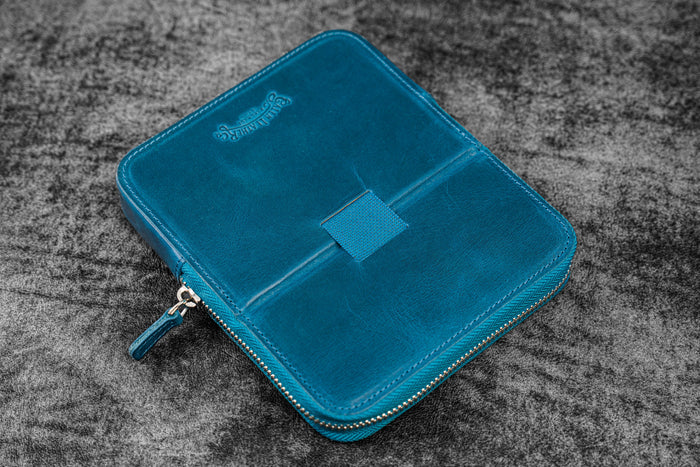 Leather Zippered Magnum Opus 6 Slots Hard Pen Case with Removable Pen Tray - C. H. Ocean Blue